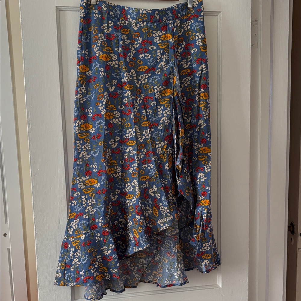 Toad&Co Blue Floral High-Low Ruffle Skirt with Yellow and Red Accents